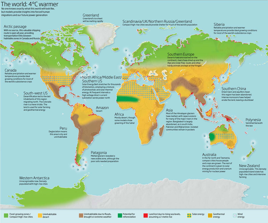 Mapa de New Scientist sobre un món quatre graus més càlid
