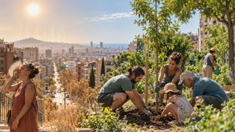 Veïnat plantant un arbre davant els efectes de la calor i la sequera provocades pel canvi climàtic