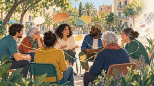 Un grup divers de veïnes i veïns conversa en cercle en un espai comunitari del Poblenou