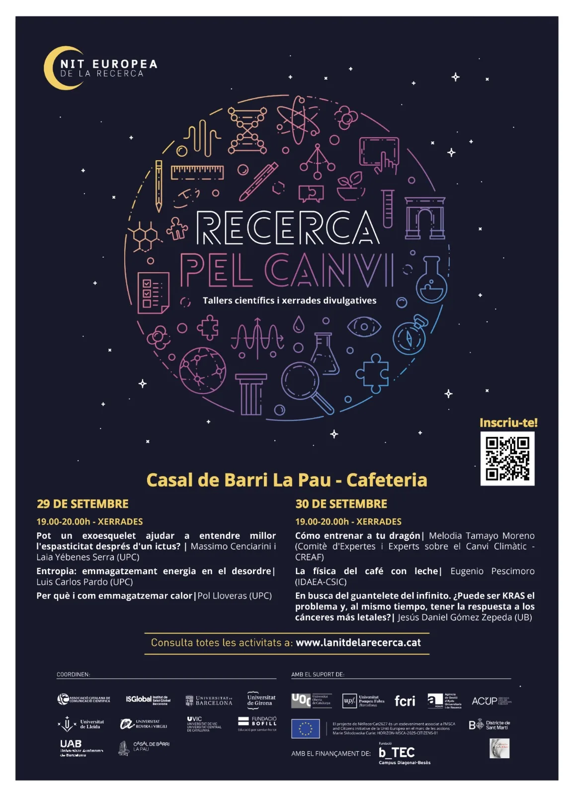 Cartell de la Nit Europea de la Recerca: Recerca pel canvi, 29 i 30 de setembre al Casal de Barri La Pau