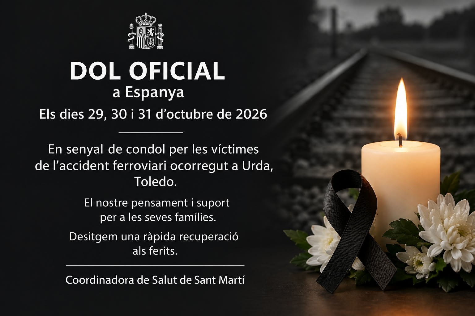 Cartell de dol i condol de la Coordinadora de Salut de Sant Martí per les víctimes de l’accident ferroviari.