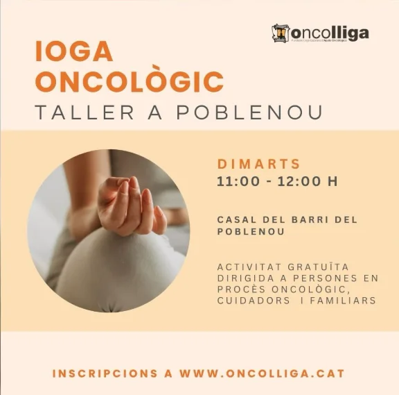 Cartell del taller gratuït de ioga oncològic al Poblenou, cada dimarts d’11 a 12 h