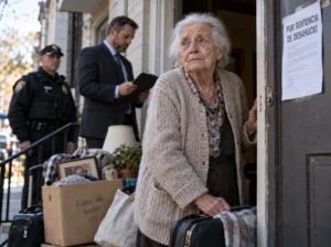 Dona gran a la porta d’un habitatge amb les seves pertinences i un avís de desnonament.