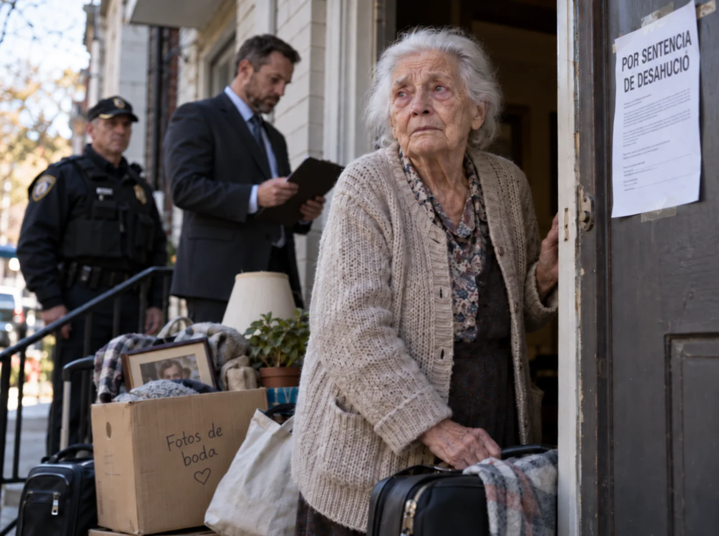 Dona gran a la porta d’un habitatge amb les seves pertinences i un avís de desnonament.